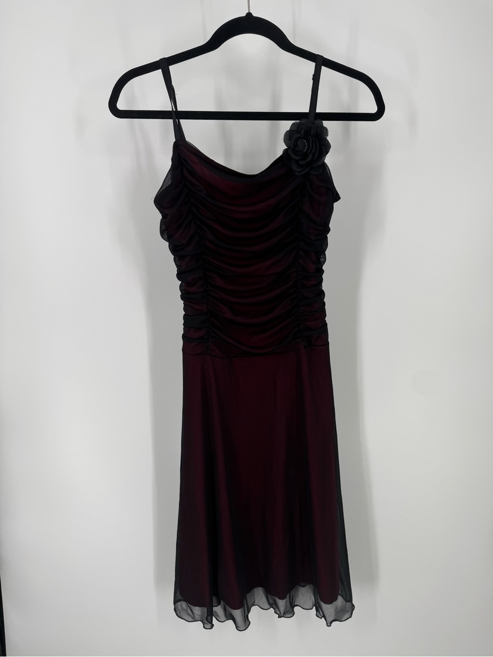La Belle Burgundy Ruched Midi Dress with Floral Accent